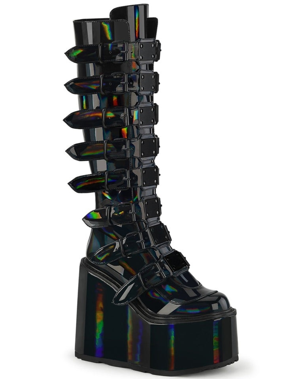 SWING 518 DEMONIA Platform Knee-High Buckle Boots in Black Holographic